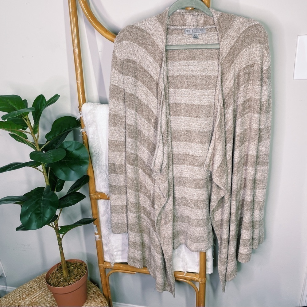 Barefoot Dreams Bamboo Chic Lite Taupe Striped Cardigan sz S/M - Picture 2 of 8